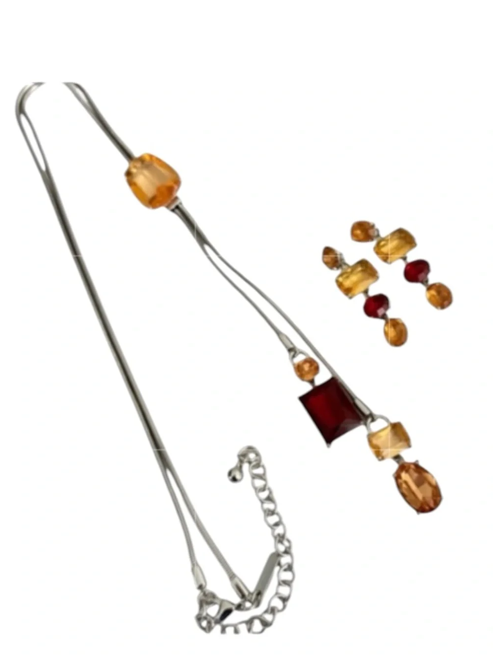 WHBM Crystal Necklace and Earring Set Ruby Red Topaz Brown Gold Silver